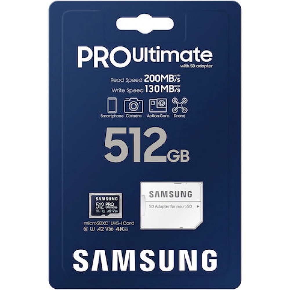 Samsung PRO Ultimate microSDXC 512GB Class 10 U3 V30 A2 UHS-I με αντάπτορα Samsung PRO Ultimate microSDXC 512GB Class 10 U3 V30 A2 UHS-I με αντάπτορα