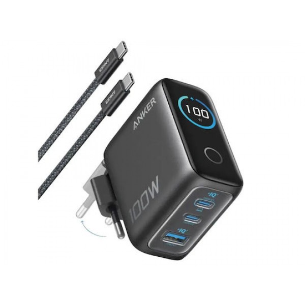 Anker Φορτιστής με Θύρα USB-A και 2 Θύρες USB-C και Καλώδιο USB-C - USB-C 100W Power Delivery Dark Grey (Smart Display)