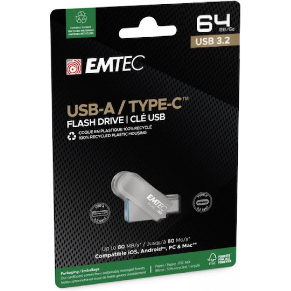 Emtec D280 64GB USB 3.2 Stick με σύνδεση USB-A & USB-C