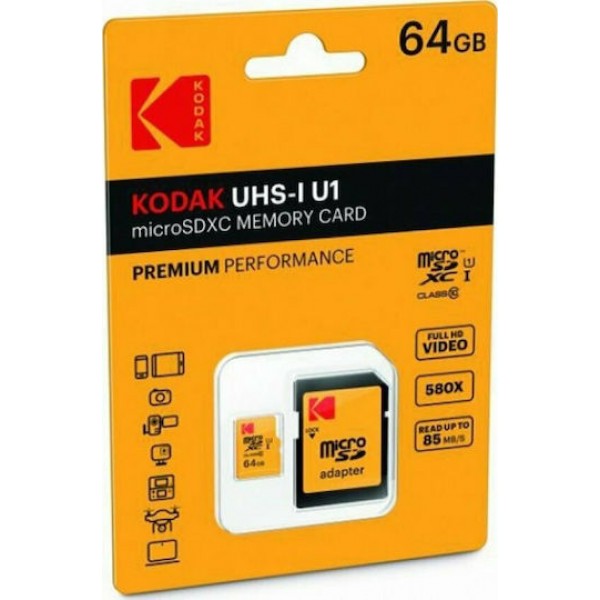 Kodak Micro SDHC 64GB U1 V10 UHS-I 85MB/s with Adapter Kodak Micro SDHC 64GB U1 V10 UHS-I 85MB/s with Adapter