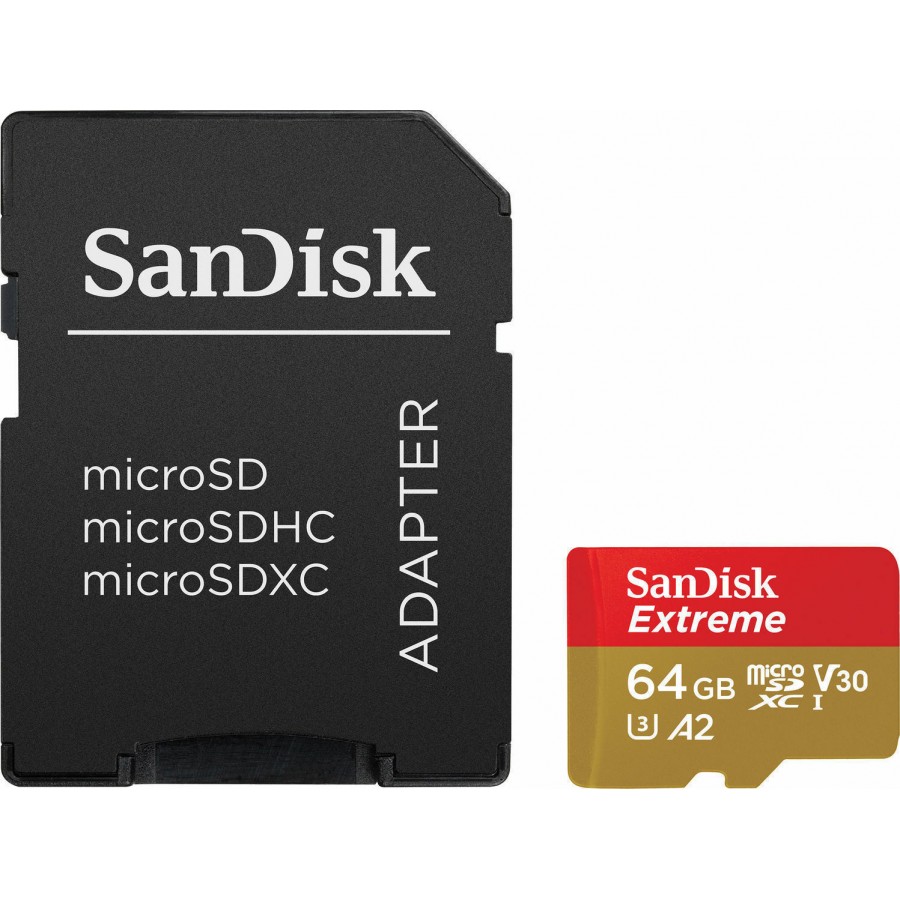 Sandisk Micro SD Extreme microSDXC 64GB Class 10 U3 V30 A2 UHS-I με αντάπτορα SDSQXAH-064G-GN6MA