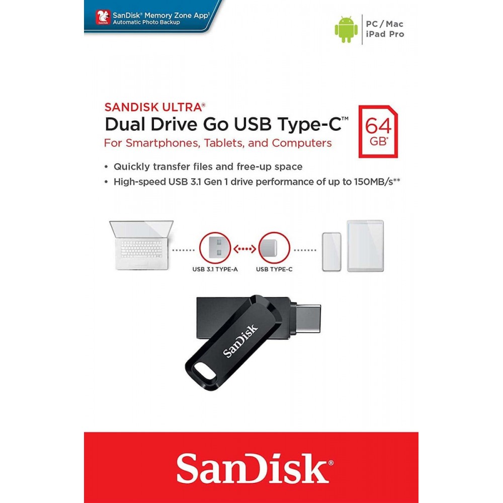 Sandisk Ultra Dual Drive Go 64GB USB 3.1 Stick με σύνδεση USB-A & USB-C Μαύρο