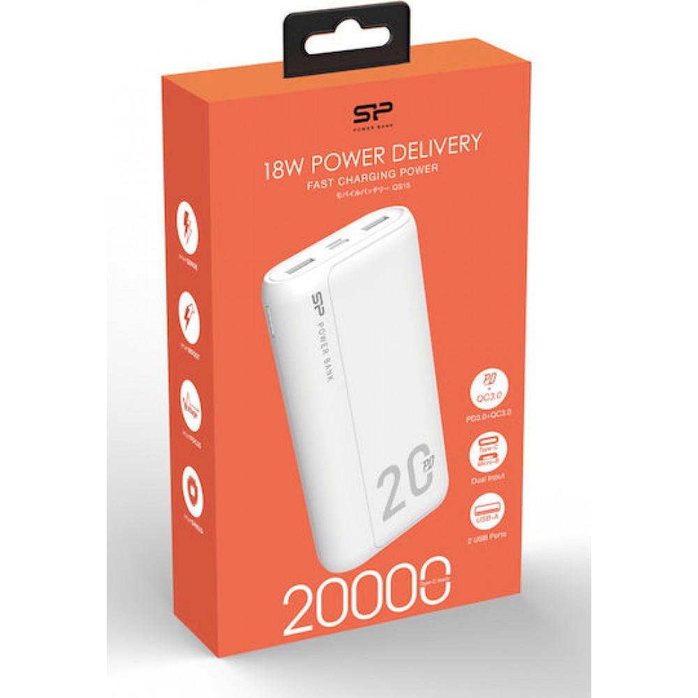 Silicon Power QS15 Power Bank 20000mAh 18W με 2 Θύρες USB-A και Θύρα USB-C Power Delivery / Quick Charge 3.0 Λευκό