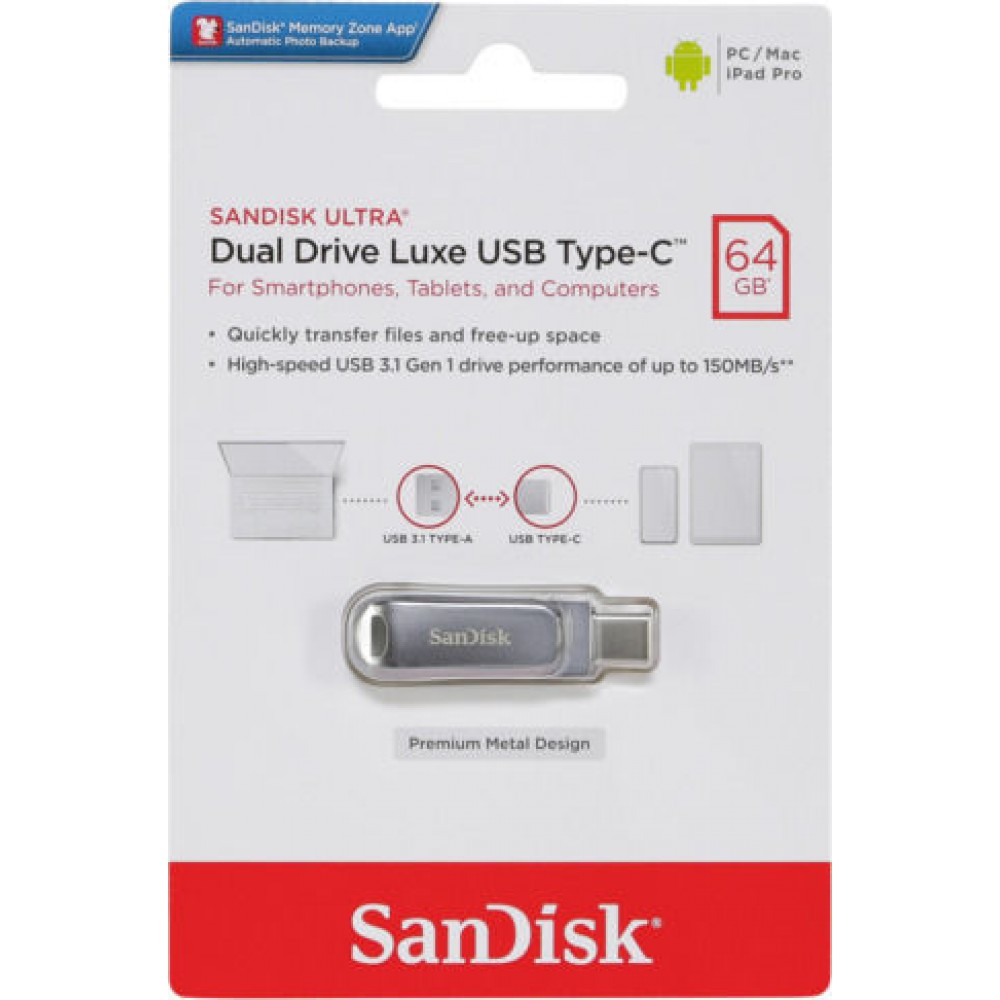 Sandisk Ultra Dual Drive Luxe 64GB USB 3.1 Stick με σύνδεση USB-C Ασημί SDDDC4-064G-G46